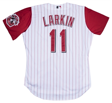 2003 Barry Larkin Game Used & Signed Cincinnati Reds Home Jersey Vest Photo Matched To 8/1/03 For Career Home Run #190 With Pants (Resolution Photomatching & Beckett)